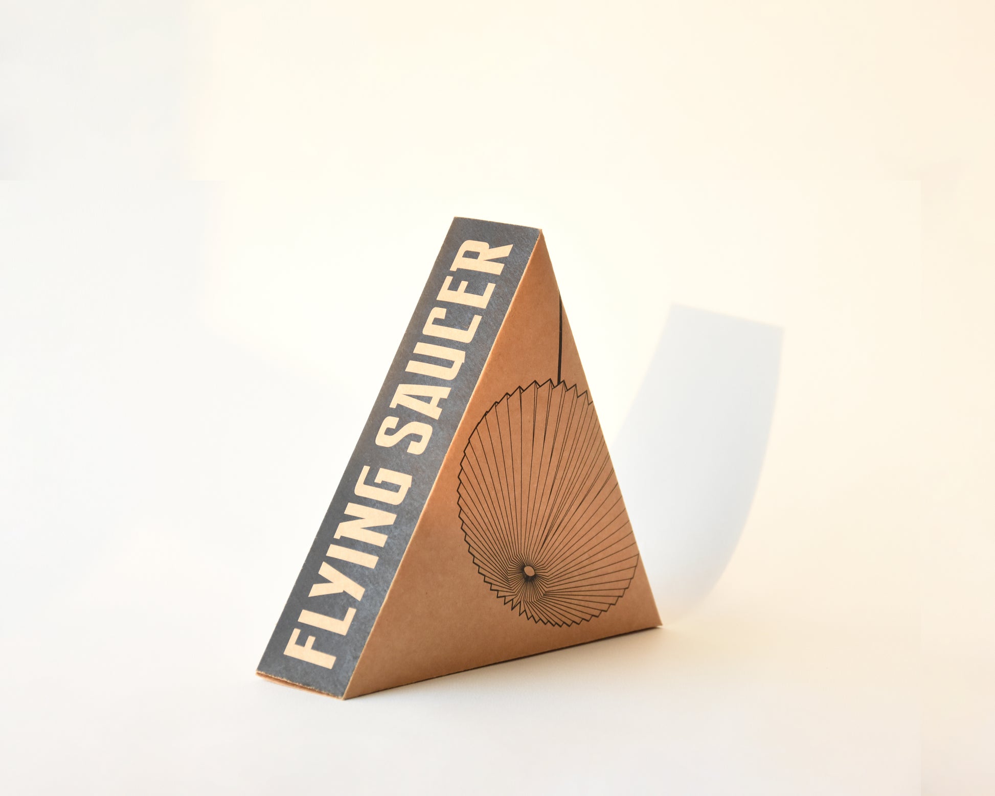 Flat-packed origami lamp in eco-friendly recycled paper packaging.